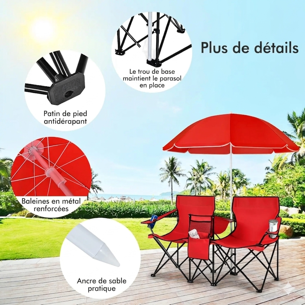 Nobilya | Chaise Double Pliable avec Parasol Intégré